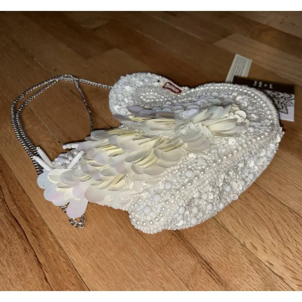 Viral White Swan Beaded Sequin Bag Crossbody From India to You NWT